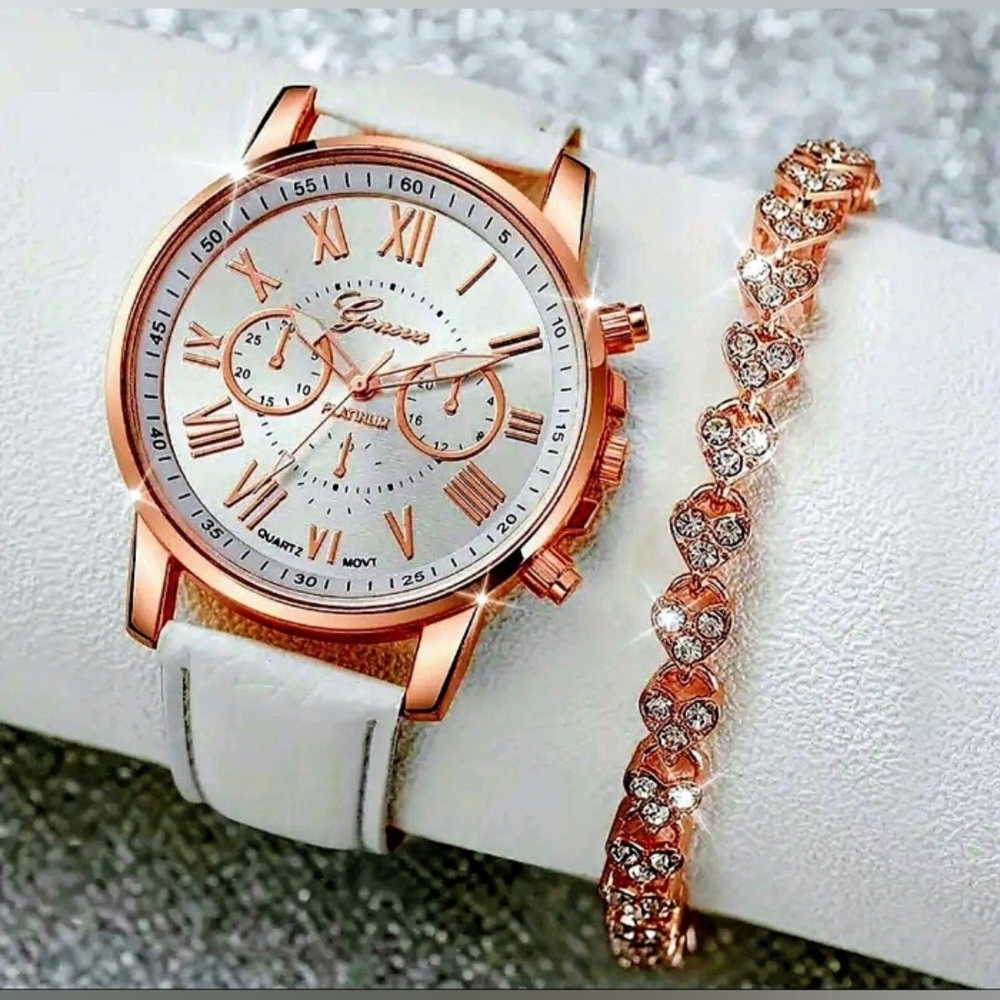 NEW! Rose Gold Plated Geneva Three Dial Dual Layered Watch & Bracelet Set~2 pcs
